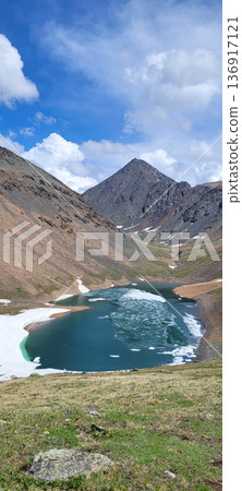 Mountain lake with ice floes and green grass on the shore, concept of nature, travel and scenic landscape for tourism brochure 136917121