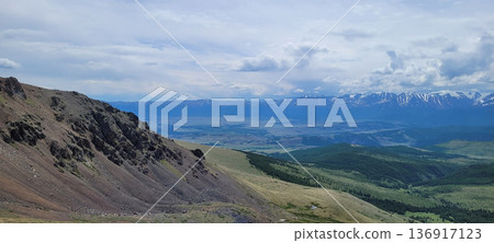 Scenic mountain panorama with rocky slopes and distant snowy peaks. Landscape view from high altitude, a concept of adventure and travel. Scenic mountain panorama with rocky slopes and distant snowy peaks. Landscape view from high altitude, a concept of adventure and travel. 136917123