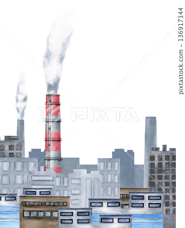 Industrial factories, smoke stacks near the grey multi-storey buildings, toxic smog polluting the urban city. Watercolor banner with copy space. Pollution air concept for International Climate day Industrial factories, smoke stacks near the grey multi-storey buildings, toxic smog polluting the urban city. Watercolor banner with copy space. Pollution air concept for International Climate day 136917144