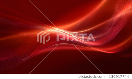 An abstract digital background of bright red and orange wavy light trails creating a dynamic, speed-like motion effect on a dark red gradient. 136917744