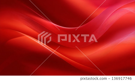 An abstract digital background of bright red and orange wavy light trails creating a dynamic, speed-like motion effect on a dark red gradient. 136917746