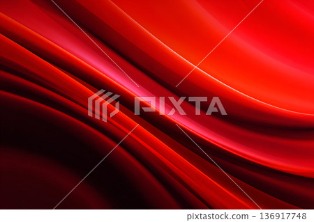 An abstract digital background of bright red and orange wavy light trails creating a dynamic, speed-like motion effect on a dark red gradient. 136917748