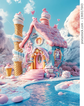 A fantastical castle made of ice cream, candy, and frosting surrounded by pastel clouds, featuring a waffle cone spire and lollipops. 136917843
