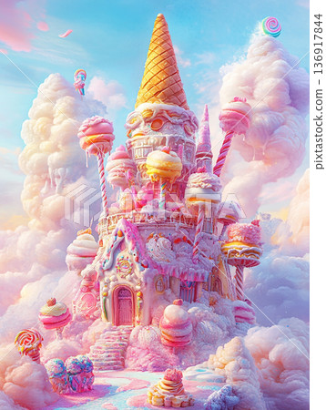 A fantastical castle made of ice cream, candy, and frosting surrounded by pastel clouds, featuring a waffle cone spire and lollipops. 136917844