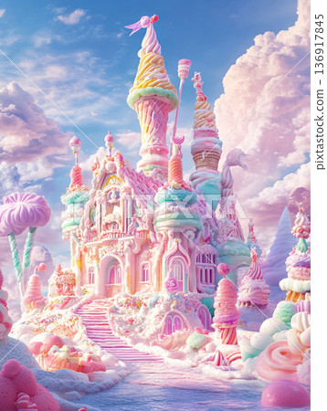 A fantastical castle made of ice cream, candy, and frosting surrounded by pastel clouds, featuring a waffle cone spire and lollipops. 136917845