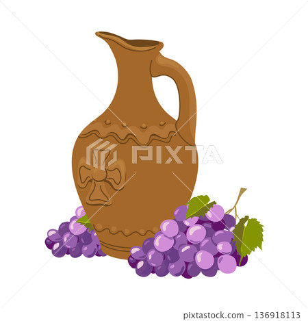 Terracotta wine vessel and purple grapes. Brown clay jug with a handle. Ceramic tableware with an ethnic pattern. Vector illustration. 136918113