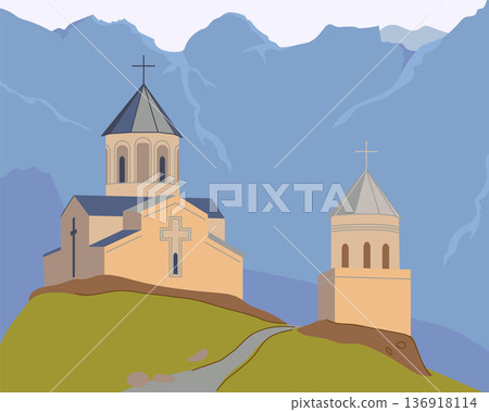 The Gergeti Trinity Church is located at the foot of Mount Kazbek in the Georgian village of Gergeti, directly above the village of Stepantsminda. View of ancient temple and mountain ranges. Vector 136918114