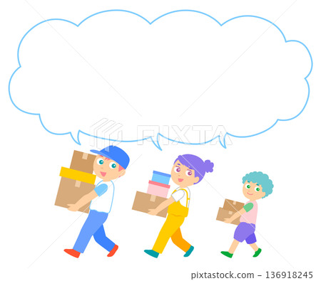 Illustration of a moving company, a woman, and a boy with speech bubbles Illustration of a moving company, a woman, and a boy with speech bubbles 136918245