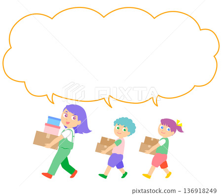 Illustration of a woman and two children carrying luggage with speech bubble Illustration of a woman and two children carrying luggage with speech bubble 136918249