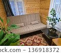 Interior of a rustic room with a beige sofa bed, wooden wall paneling, and an ornamental plant for home decor. 136918372
