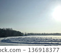 Sunny winter landscape with snow field and forest. Nature scenery with bright blue sky. Cold weather travel destination. Winter season. 136918377