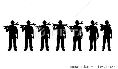 Black Solid Worker Wrench Shoulder Silhouettes Set of Six on White Background 136918422