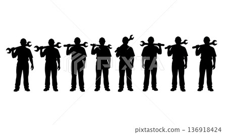 Black Solid Worker Wrench Shoulder Silhouettes Set of Six on White Background 136918424