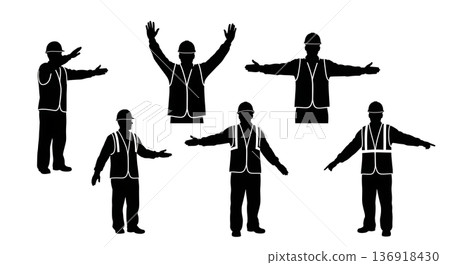 Black Solid Worker Waving Guide Silhouettes Set of Six on White Background Black Solid Worker Waving Guide Silhouettes Set of Six on White Background 136918430