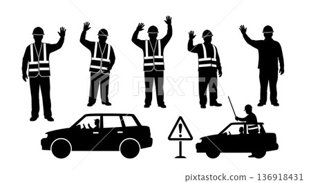 Black Solid Worker Waving Guide Silhouettes Set of Six on White Background Black Solid Worker Waving Guide Silhouettes Set of Six on White Background 136918431