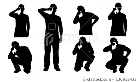 Black Solid Worker Wiping Brow Silhouettes Set of Six on White Background Black Solid Worker Wiping Brow Silhouettes Set of Six on White Background 136918432