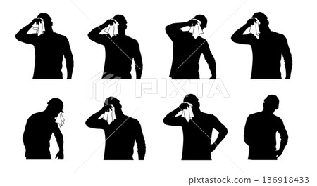 Black Solid Worker Wiping Brow Silhouettes Set of Six on White Background Black Solid Worker Wiping Brow Silhouettes Set of Six on White Background 136918433