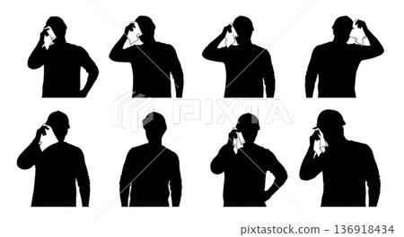 Black Solid Worker Wiping Brow Silhouettes Set of Six on White Background Black Solid Worker Wiping Brow Silhouettes Set of Six on White Background 136918434