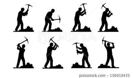 Black Solid Worker Pickaxe Silhouettes Set of Six on White Background Black Solid Worker Pickaxe Silhouettes Set of Six on White Background 136918435