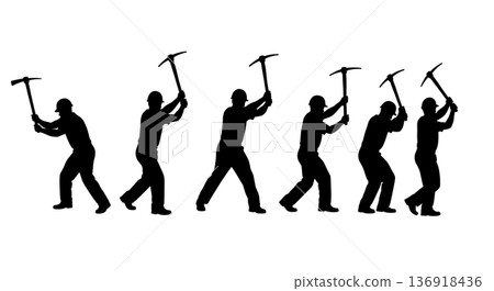 Black Solid Worker Pickaxe Silhouettes Set of Six on White Background 136918436