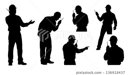 Black Solid Worker Walkie Talkie Silhouettes Set of Six on White Background 136918437