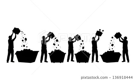 Black Solid Worker Throwing Debris Silhouettes Set of Six on White Background 136918444