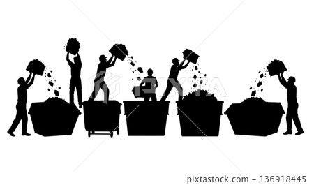 Black Solid Worker Throwing Debris Silhouettes Set of Six on White Background Black Solid Worker Throwing Debris Silhouettes Set of Six on White Background 136918445