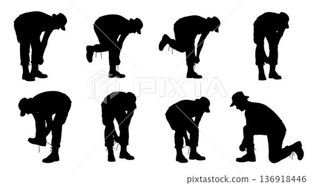 Black Solid Worker Tying Boots Silhouettes Set of Six on White Background Black Solid Worker Tying Boots Silhouettes Set of Six on White Background 136918446