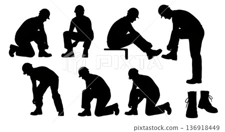 Black Solid Worker Tying Boots Silhouettes Set of Six on White Background Black Solid Worker Tying Boots Silhouettes Set of Six on White Background 136918449