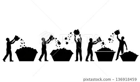 Black Solid Worker Throwing Debris Silhouettes Set of Six on White Background Black Solid Worker Throwing Debris Silhouettes Set of Six on White Background 136918459