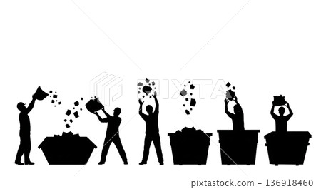 Black Solid Worker Throwing Debris Silhouettes Set of Six on White Background Black Solid Worker Throwing Debris Silhouettes Set of Six on White Background 136918460