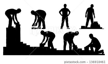Black Solid Worker Stacking Bricks Silhouettes Set of Six on White Background Black Solid Worker Stacking Bricks Silhouettes Set of Six on White Background 136918461