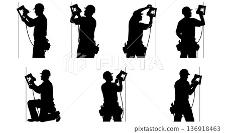 Black Solid Worker Staple Gun Silhouettes Set of Six on White Background Black Solid Worker Staple Gun Silhouettes Set of Six on White Background 136918463