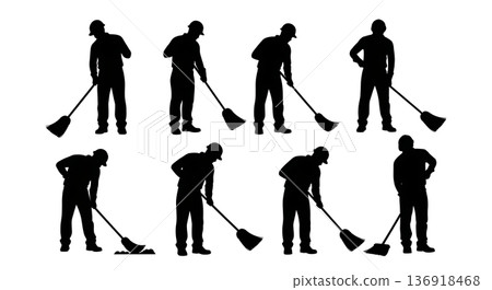 Black Solid Worker Sweeping Broom Silhouettes Set of Six on White Background Black Solid Worker Sweeping Broom Silhouettes Set of Six on White Background 136918468