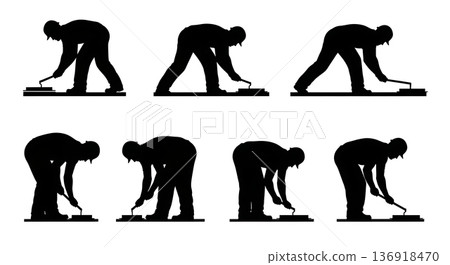 Black Solid Worker Smoothing Concrete Silhouettes Set of Six on White Background 136918470