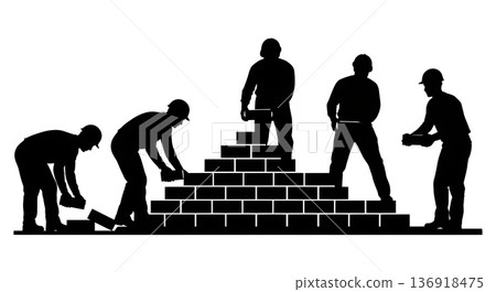 Black Solid Worker Stacking Bricks Silhouettes Set of Six on White Background Black Solid Worker Stacking Bricks Silhouettes Set of Six on White Background 136918475