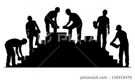 Black Solid Worker Stacking Bricks Silhouettes Set of Six on White Background 136918476