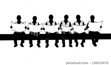 Black Solid Worker Sitting Beam Plan Silhouettes Set of Six on White Background Black Solid Worker Sitting Beam Plan Silhouettes Set of Six on White Background 136918478