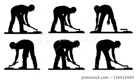 Black Solid Worker Smoothing Concrete Silhouettes Set of Six on White Background 136918484