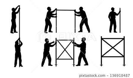 Black Solid Worker Scaffolding Silhouettes Set of Six on White Background Black Solid Worker Scaffolding Silhouettes Set of Six on White Background 136918487