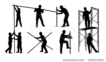 Black Solid Worker Scaffolding Silhouettes Set of Six on White Background Black Solid Worker Scaffolding Silhouettes Set of Six on White Background 136918489