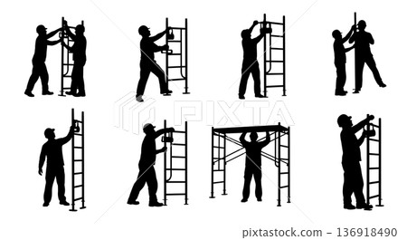 Black Solid Worker Scaffolding Silhouettes Set of Six on White Background Black Solid Worker Scaffolding Silhouettes Set of Six on White Background 136918490