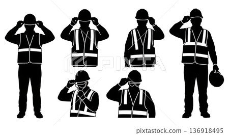 Black Solid Worker Safety Gear Silhouettes Set of Six on White Background 136918495