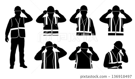 Black Solid Worker Safety Gear Silhouettes Set of Six on White Background Black Solid Worker Safety Gear Silhouettes Set of Six on White Background 136918497