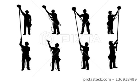 Black Solid Worker Sanding Drywall Silhouettes Set of Six on White Background 136918499