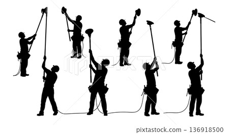 Black Solid Worker Sanding Drywall Silhouettes Set of Six on White Background 136918500