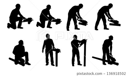 Black Solid Worker Reciprocating Saw Silhouettes Set of Six on White Background Black Solid Worker Reciprocating Saw Silhouettes Set of Six on White Background 136918502