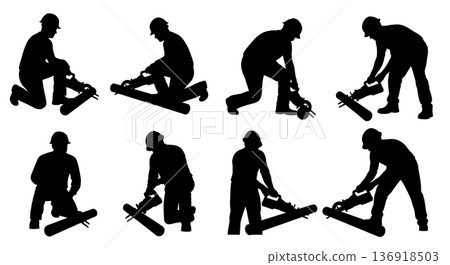 Black Solid Worker Reciprocating Saw Silhouettes Set of Six on White Background Black Solid Worker Reciprocating Saw Silhouettes Set of Six on White Background 136918503