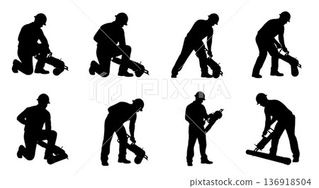 Black Solid Worker Reciprocating Saw Silhouettes Set of Six on White Background Black Solid Worker Reciprocating Saw Silhouettes Set of Six on White Background 136918504
