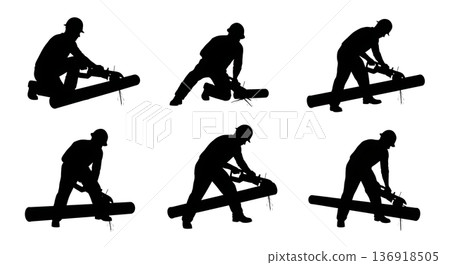 Black Solid Worker Reciprocating Saw Silhouettes Set of Six on White Background 136918505